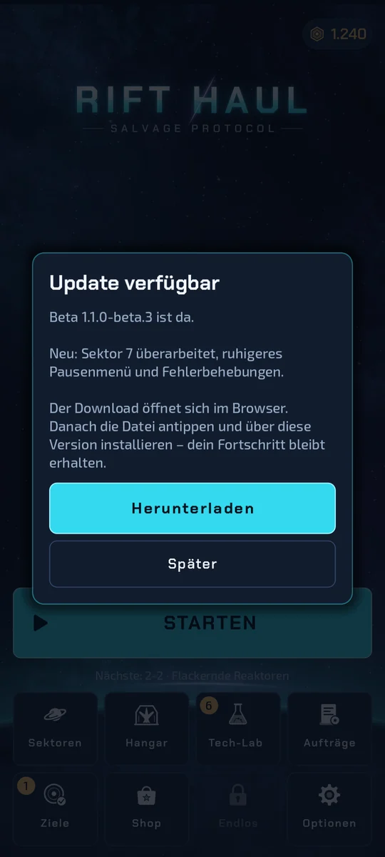 Update-Hinweis in der Beta-App mit den Knöpfen „Herunterladen“ und „Später“