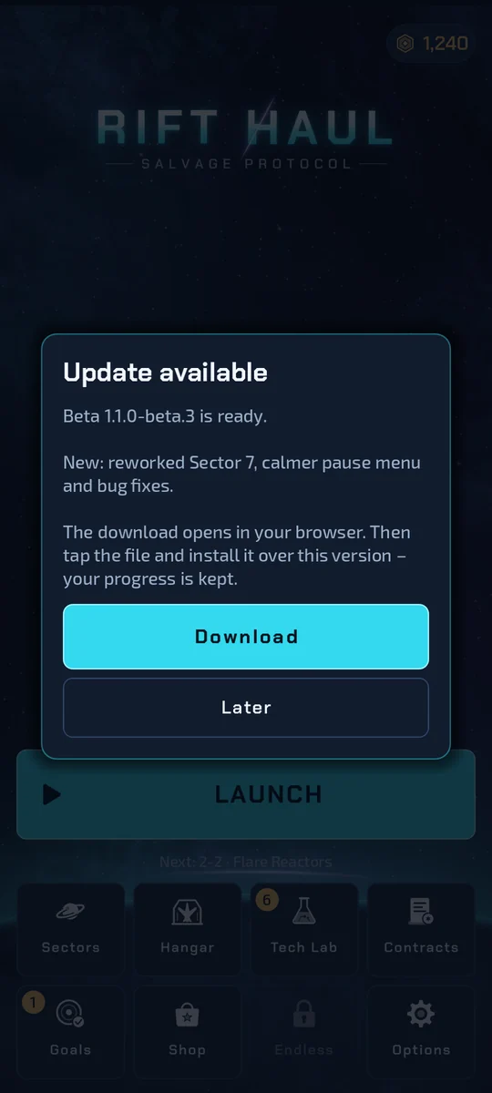 Update notice in the beta app with the buttons “Download” and “Later”