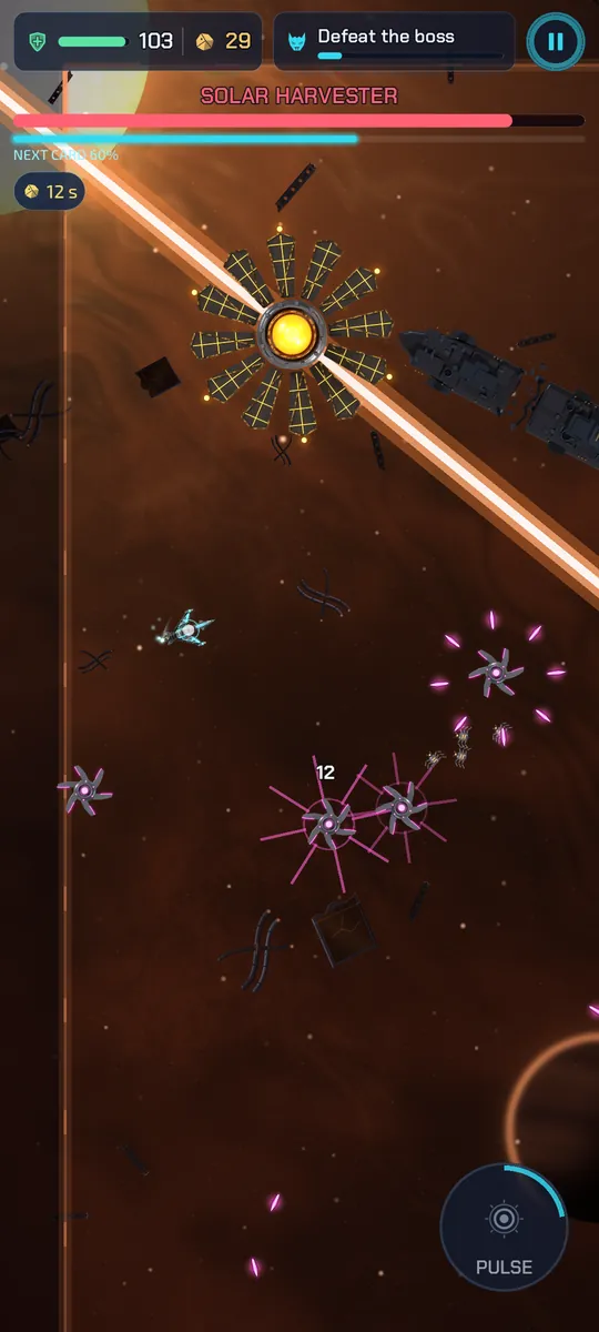 Boss fight against the Solar Harvester: rotating beams sweep the arena