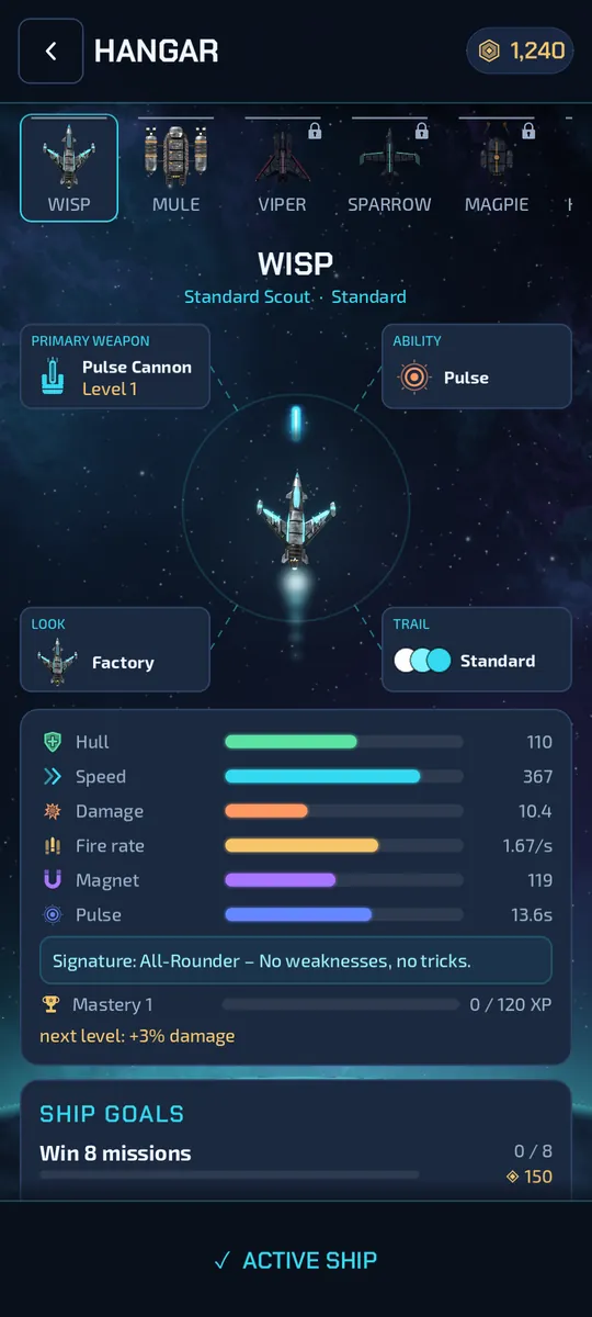 The hangar: fit out a ship with weapon, ability, look and engine trail