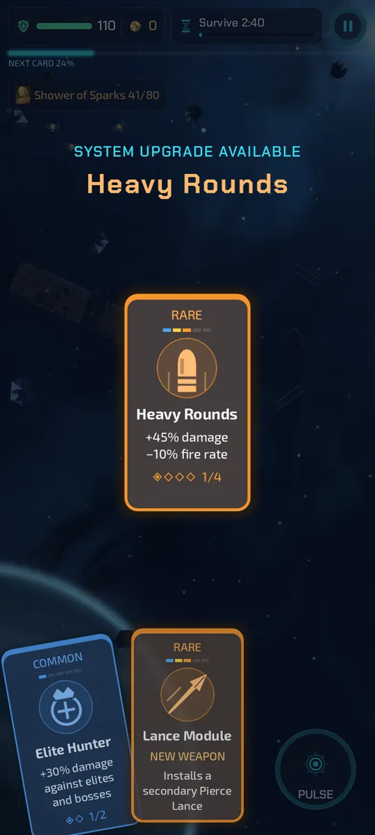 Card choice mid-mission: three upgrade cards, one lifted